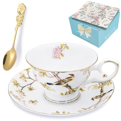 Tea Cups and Saucers, 6.7 OZ Floral bone china Coffee Cup Set with Spoon, Vintage Garden Teacups with Gold Trim, Tea Cups in a Reusable Handmade Gift Box with Ribbon elegant design ﻿ (Camellia flower) - color: Camellia flower