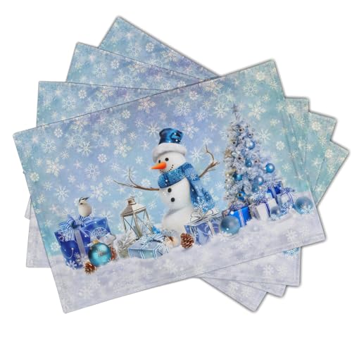 Giwawa Blue Snowman Placemats Set of 4 Christmas Trees Balls Winter Snowflakes Linen Place Mat Xmas Snow Scenery Non Slip Heat Resistant Table Mats 12"x18" for Kitchen Dining Holiday New Year Decor - color: Blue Snowman
