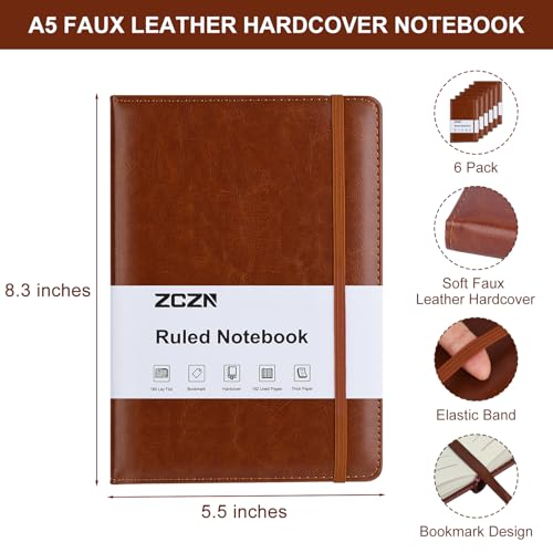 ZCZN 6 Pack Lined Journal Notebooks for Work, 5.5x8.3 in, 192 Pages, Hardcover Leather A5 Journals for Writing, Diary & Travel, Ruled Journaling Notebooks for School, Office, Home (Brown*6) - color: Brown