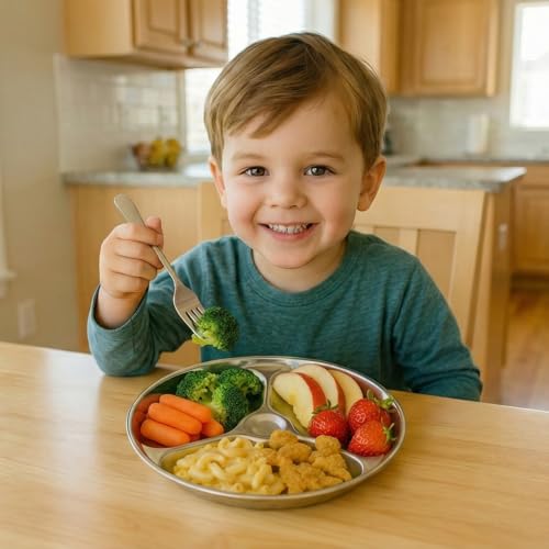Korean Stainless Steel Divided Plates for Toddlers & Kids, Non-Toxic, 2PK - size: 3 Compartments (Round)