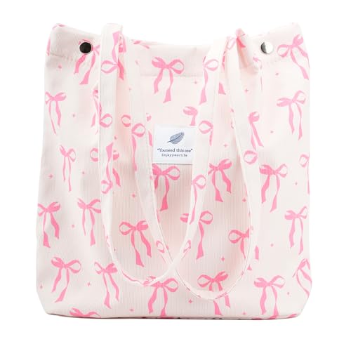 Corduroy Tote Bag Cute Tote Bags for Women Shoulder Bag with Inner Pocket for Work Beach Travel and Shopping Grocery - style: Bow Pink