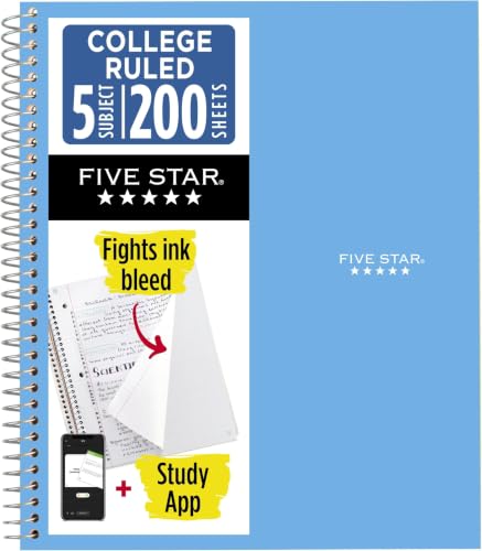 Five Star Spiral Notebook + Study App, 5 Subject, College Ruled Paper, 8-1/2" x 11", 200 Sheets, Fights Ink Bleed, Water Resistant Cover, Pacific Blue (73635) 1 Count (Pack of 6) - color: Blue, size: 1 Count (Pack of 6)