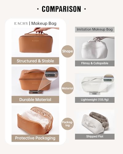 EACHY Travel Makeup Bag for Women, PU Leather Cosmetic Bag, Brown, Medium - color: A - Brown, size: Medium