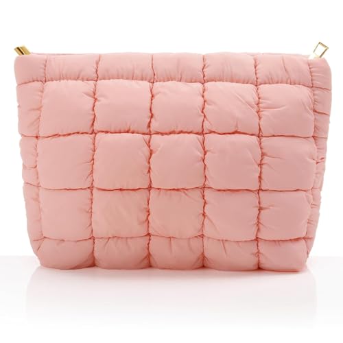 Hillban Light Pink Puffy Quilted Makeup Bag Cute Cosmetic Bag Gift, Classic - color: Light Pink, size: Classic