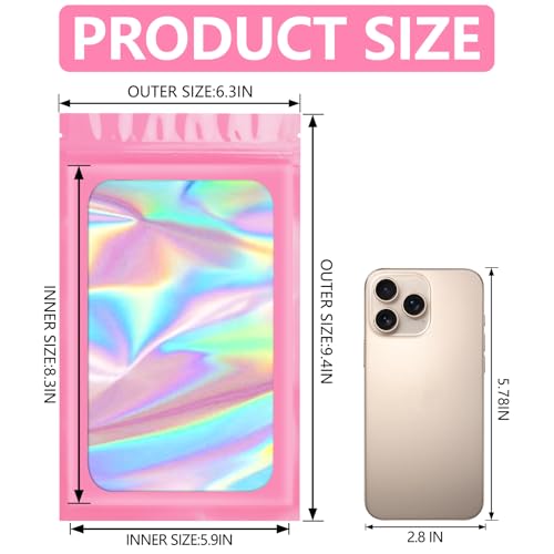 Funfery 100pcs Pink Mylar Holographic Bags-Resealable Zipper&Clear Window - color: Pink, size: 6.3 x 9.4 Inch