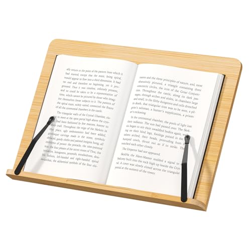 Bamboo Book Stand, Adjustable Reading Holder with Page Clips, Portable Lightweight Desk Stand for Textbooks, Cookbooks (Large)