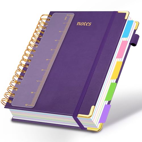 Hardcover Spiral Notebook 8"x10" Journal Notebook with Tabs and Removable Dividers 300 Pages 5 Subject Notebook College Ruled, Faux Leather Spiral Bound Notebook for Women School Work (Purple) - color: Purple, size: 8"x10"(B5)