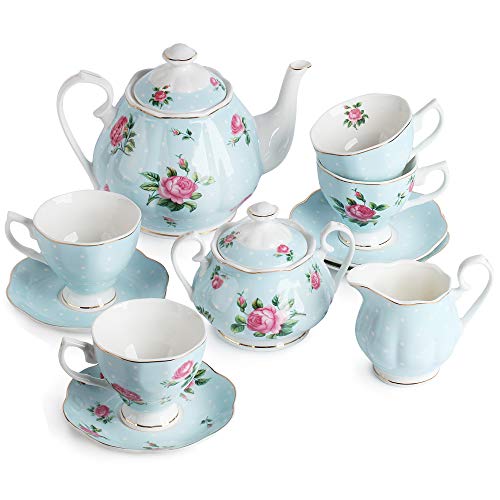 BTaT- Floral Tea Sets for Adults, 13 pcs, Service for 4, Pot (38 oz) & Cups (8 oz) with Saucers, Pastel Blue Floral Design, Porcelain Tea Set for Adult, Dishwasher Safe - color: Blue