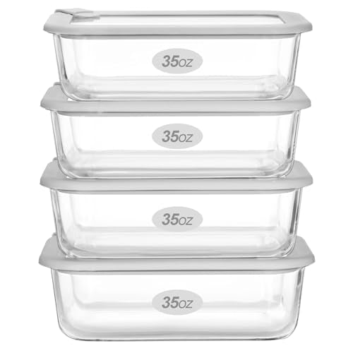 Glass Food Containers with Glass Lid, Microwave Safe Food Storage Container Set, 4 Pack of 35oz, Large Size Airtight Storage Set with Leak Proof Lids, Meal Prep Containers - color: Grey-J4RS