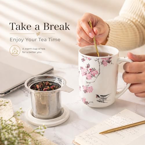 AmorArc Tea Cup With Infuser and Lid, 18oz Loose Leaf Tea Mug With Steeper - color: Peach Blossom