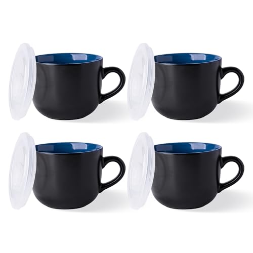 GBhome Ceramic Soup Mugs with Lid, 24 oz Soup Cups with Hanlde for Coffee,Cereal,Salad,Noodles,Tea,Soup Bowls Cups,Microwave &Dishwasher Safe, Set of 4, Blue ith Vented lid - color: Blue