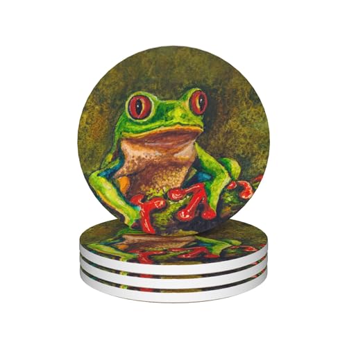 Drinks Coasters Set of 4, Tree Frog Round 4" Cup Coasters, Absorbent Ceramic Stone Coasters with Cork Base, Cute Coasters for Table Home Décor, Ideal Gifts for Women Men - color: Tree Frog