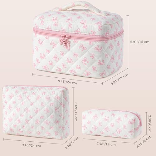 HBselect Quilted Makeup Bag, 3Pcs Cotton Large Travel Makeup Bags Organizer - color: A-3PCS-Floral 18