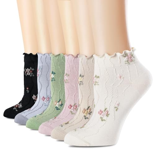 Women‘s Ruffle Ankle Socks,Vintage Patterned,Short Casual Dress Sock,Cute Princess Lettuce Floral Socks 6 Pack - color: 6pairs(floral Pattern)