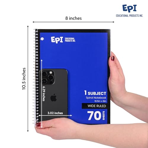 EPI Spiral Notebook | Wide - 70 Sheets, Durable Spiral Binding | 10.5 x 8 in | Classroom Supplies | School, Office, Note Taking, Journaling - 12 Pack - color: Assorted, size: 12