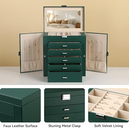 Frebeauty 6-Layer Jewelry Box for Women,Large Jewelry Organizer with Drawer - color: Blackish Green, size: Large