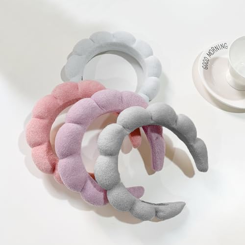 AOENJIE Spa Headbands for Washing Face or Makeup, Sponge Bubble Skincare Headbands, Puffy Terry Cloth Hairband for Women, Skin Care Makeup Headwear Hair Accessories for Girls(Gray) - color: Gray