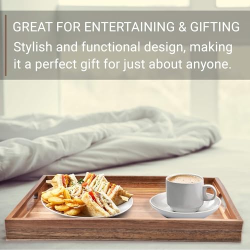 Acacia Wood Serving Tray with Handles Set of 2 – Decorative Serving Trays Platter for Breakfast in Bed, Lunch, Dinner, Patio, Ottoman, Coffee Table, BBQ, Party –Great for Lap &Couch - color: Set of 2