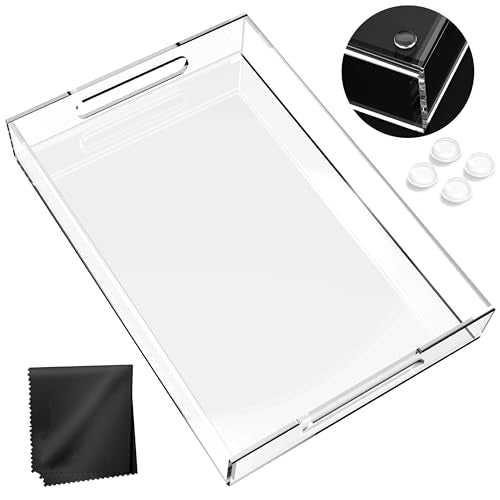 Acrylic Tray 14x11 with Cut Handles - Spill Proof Decorative Tray is an Ideal Countertop Organizer for Living Rooms, Ottoman Coffee Tables, Offices, Kitchens & Serving Guests - color: Transparent, size: 14" x 11" x 2"