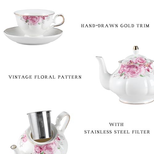 Sweejar Porcelain Tea Set Vintage Floral, British Relief Gold Rim Teapot Cup and Saucer Sets, 22-Piece Tea Sets for Adults, with Teapot, Sugar Bowl, Milk Jug, Spoons, Cup and Saucer (Flower) - color: Flower