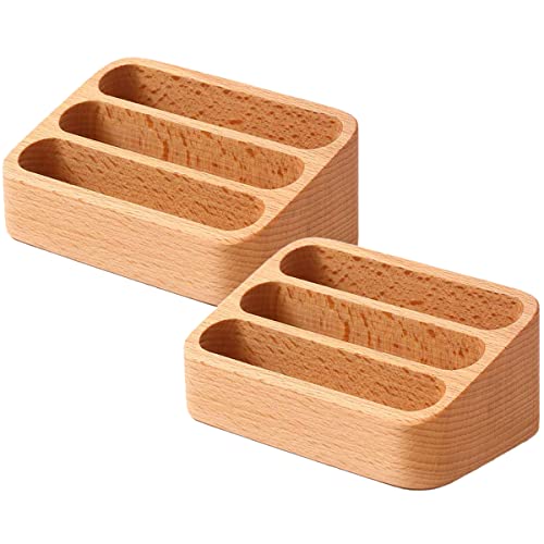 Sizikato 2pcs Beech Wood Business Card Holder for Desk, 3 Card Slots Business Card Display Holder Stand - color: Beech-2pcs