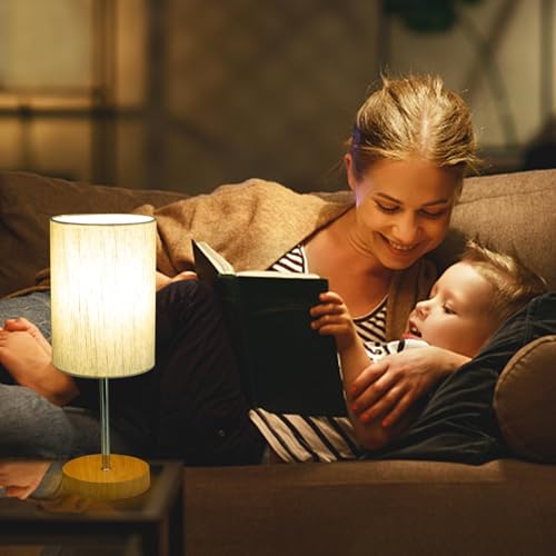 RISLG 2 Pack Small Table Lamps, Bedside Lamps for Nightstand with Wire Switch, Modern Minimalist Desk Lamp with Linen Fabric Shade for Dorm Kids Room Living Room Office Bedroom, Bulb Included - color: 2 Pack Beige-Wood, size: 13in