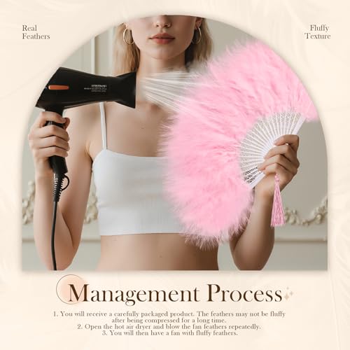 whitefeather Vintage Feather Hand Fan, 17.7 x 11.8 inches, Marabou Feathers, 1920s Style for Costume Parties, Tea Parties - color: Pink