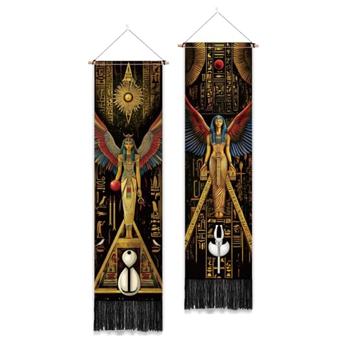 PLIGREAT 2 Pack Egyptian Tapestry with Tassels, Ancient Egypt Goddess Art Wall Hanging Vertical Narrow Egypt Civilization Home Wall Tapestry for Bedroom Living Room, 52" x 13" - color: yellow,brown
