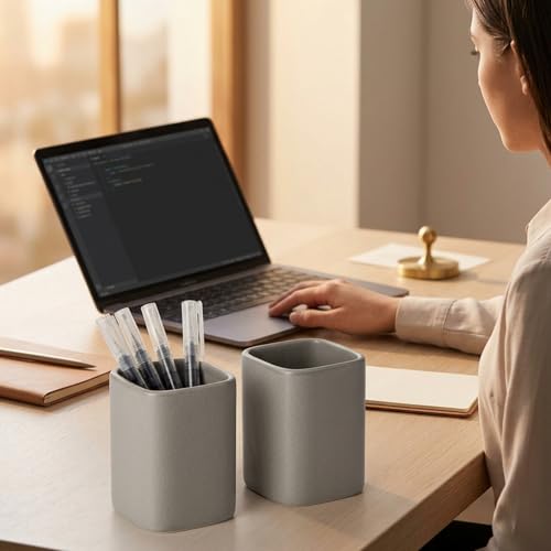 Ceramic Pen Holder Set of 2, Pencil Cup for Desk, Matte gray - color: Matte gray