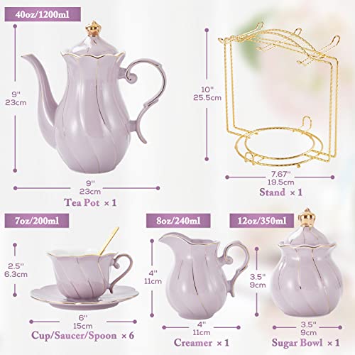 DUJUST 22 pcs Porcelain Tea Set for 6, Luxury British Style Tea/Coffee Cup Set with Golden Trim, Beautiful Tea Set for Women, Tea Party Set, Gift Package (With a Stand) - Purple - color: Purple