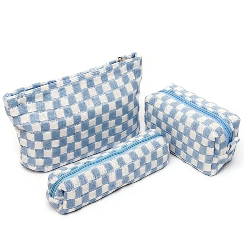 3 Pieces Checkered Makeup Bag Set, Blue Cosmetic Bags for Women, Large Medium Small Portable Travel Toiletry Bag, Cute Zipper Pouch Organizer for Purse, Skincare, Cosmetics, Stationery - color: 3 pcs Blue