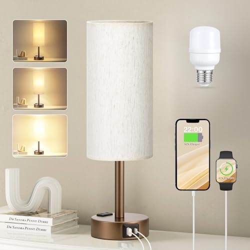 Fenmzee Brown Bedside Lamp for Bedroom, Dimmable Touch, USB A+C, AC Outlet - color: Cream - Brown, size: 14"