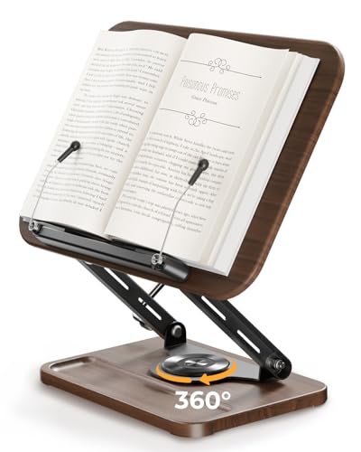 Adjustable Book Stand for Reading, Book Holder with 360° Rotation Base, Height Adjustable Book Reading Stand with Extendable Page Clips — Wooden Stand Holder for Cookbook, Receipe Book, Thick Book