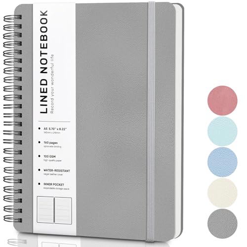 Lined Spiral Notebook for Women, A5 College Ruled Leather Spiral Journals - color: Light Gray, size: A5