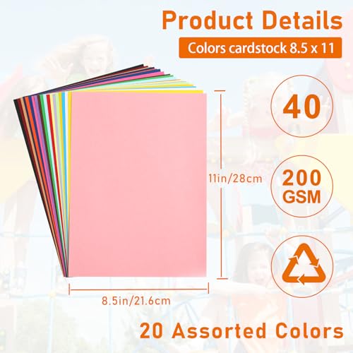 Guakicae 40 Sheets 20 Assorted Colors Cardstock 8.5 x 11 Craft Paper 75lb - color: Multicolor, size: 40 Sheets