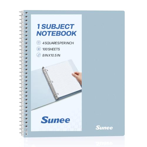 SUNEE Spiral Notebook, 1-Subject, Graph Ruled Paper, 8" x 10-1/2", 100 Sheets per Notebook, 3-Hole Punched Paper, Water Resistant Cover, Spiral Grid Notebooks for Work, Home, School, Grey Blue - color: Grey Blue
