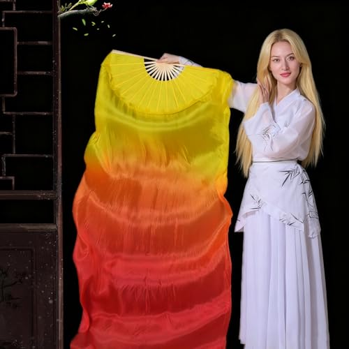 BRYCTSISEN Silk Belly Dance Fan Veil 2 Pairs Long Performance Folding Fan - color: Gradual Yellow