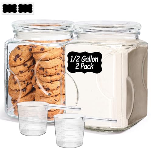 ComSaf Half Gallon Square Glass Pantry Jars with Lids 2 Pack Wide Mouth - size: 64oz-2Pcs