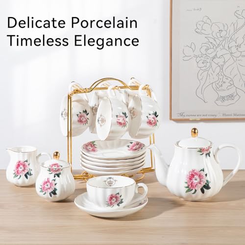 Sweejar Porcelain Tea Sets British Royal Series, 8 OZ Cups & Saucer Service for 6, with Teapot Sugar Bowl Cream Pitcher Teaspoons and Tea Strainer, Suitable for High Tea, Wedding, Party - color: Salmon Pink