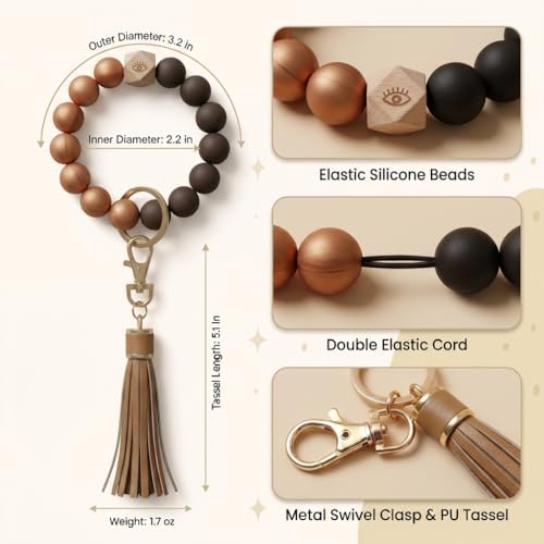 BIHRTC Key Ring Bracelet Car Keychain Holder Wristlet Silicone Women Beaded Bangle Chains - color: Brown Coffe Eye