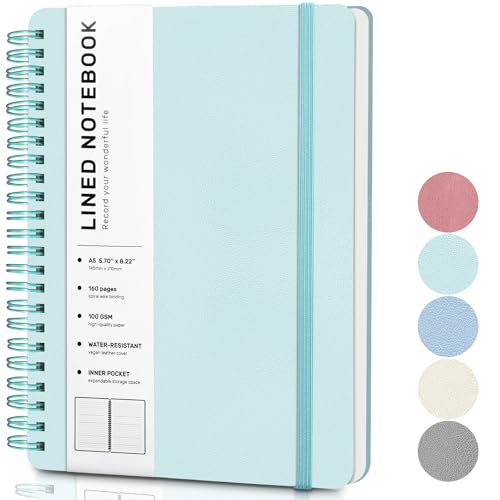 Lined Spiral Journal Notebook, A5 Hardcover Leather Notebook for Work, 5.7''×8.2'', 100GSM Thick Paper Spiral Bound Journaling Notebook for Women Men Office School Note Taking Business, Morandi Green - color: Morandi Green, size: A5