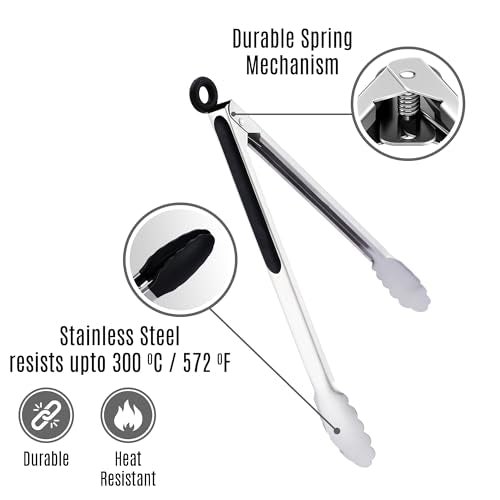 Stainless Steel Kitchen Tongs Set, 2 Pack with Silicone Tips - size: Pack of 2 Black & Silver (9" & 12")