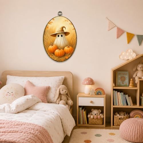 Straw Hat Ghost Oval Wall Art, Framed Canvas Decor, 8.5x11.5 Inch - color: Straw Hat Ghost Pumpkin Grass