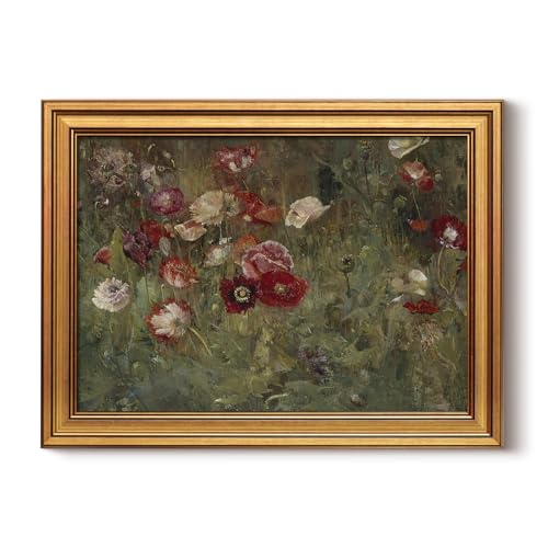 HUARCEY Gold Framed Canvas Wall Art Poppies Floral Prints, 12x16 Inch - color: A Bed of Poppies, size: 16"L x 12"W