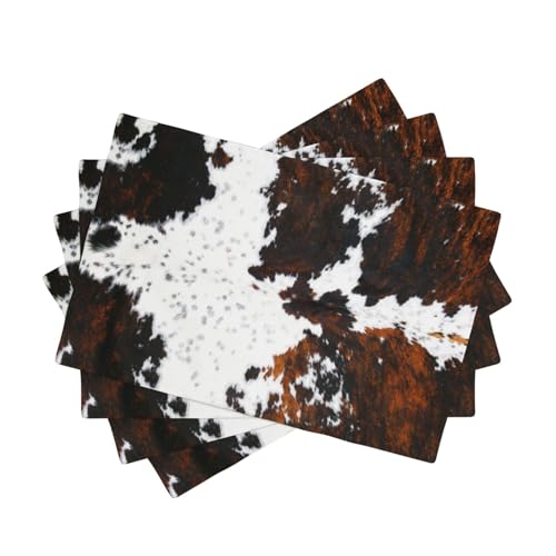 Cow Print Placemats Set of 4 – Western Farmhouse Table Mats with Rustic Brown Black White Cowhide Pattern, Durable Polyester Linen for Kitchen Dining Decor, Washable & Quick Dry - color: Fur Print, size: 12x18"Placemats x4