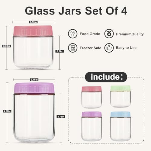 SHOWIN Overnight Oats Containers with Lids, Glass Jars with Lids 4 pcs, Candy, Wide Mouth Mason jars for Salad, Yogurt, Snacks, Meal Prep - color: Candy, size: 10&16oz-4pc
