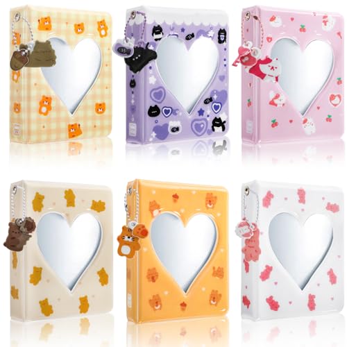Nicunom 6 Pack Mini Photocard Album Binder, 3 Inch Mini Photo Album Kpop Photo Card Holder Book with Pendant, Heart Hollow Photocard Binder for Collecting, 40 Pockets