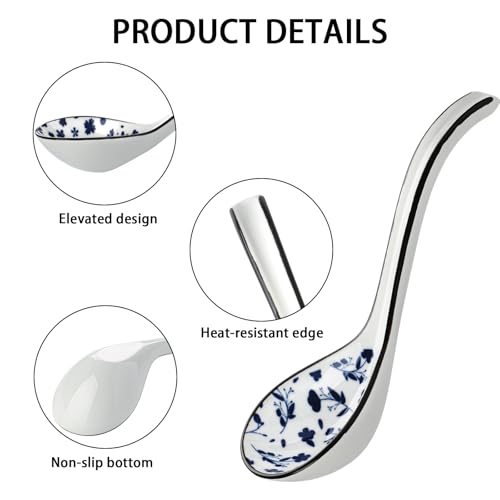 Ceramic Asian Soup Spoons Set 4 Chinese Soup Spoon, 6.3 Inch Ramen Spoons