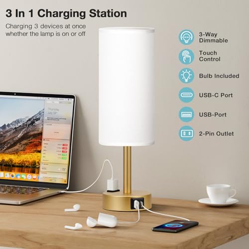 Fenmzee Gold Bedside Lamp for Bedroom, Dimmable Touch, USB A+C, AC Outlet - color: White - Gold, size: 14"