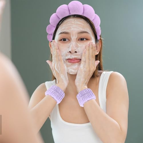 Purple Skincare Bubble headband and wristband set for Face Washing - color: Purple